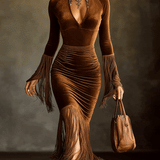 24-Hour-Shipping Brown Velvet Turtleneck Cutout Fringe Long Sleeve Bodycon Dress