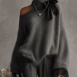 24-Hour-Shipping Gray Mohair Knit Sweater With Lace Cuffs