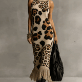 24-Hour-Shipping Brown Irregular Leopard Print Knitted Tassel Sleeveless Maxi Dress