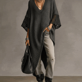 24-Hour-Shipping Gray Asymmetric Hem Loose Knit Dress With Crochet Mid Sleeves