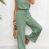 Zella™ Elegant Two-Piece Set | Lace-Trimmed Top and Wide-Leg Trousers