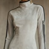 24-Hour-Shipping Gray Faux Suede Mock Neck Mini Dress With Zip Sleeve Detail
