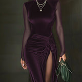 24-Hour-Shipping Emerald Green Velvet Mesh Sleeve High Slit Maxi Dress