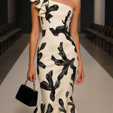24-Hour-Shipping Off Shoulder Biege Midi Bodycon Dress With Black Elegant Print