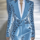 24-Hour-Shipping Sky Blue Velvet Leopard Print Blazer