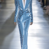 24-Hour-Shipping Sky Blue Velvet Leopard Print Blazer And Pants Suit