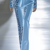 24-Hour-Shipping Sky Blue Velvet Leopard Print Pants
