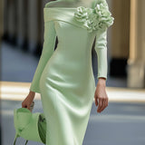 24-Hour-Shipping Light Green Midi Pencil Dress With Mesh And 3D Flower Decoration