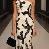 24-Hour-Shipping Off Shoulder Biege Midi Bodycon Dress With Black Elegant Print