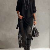 24-Hour-Shipping Black Loose Fit Mohair Knit Midi Dress With Lace Hem